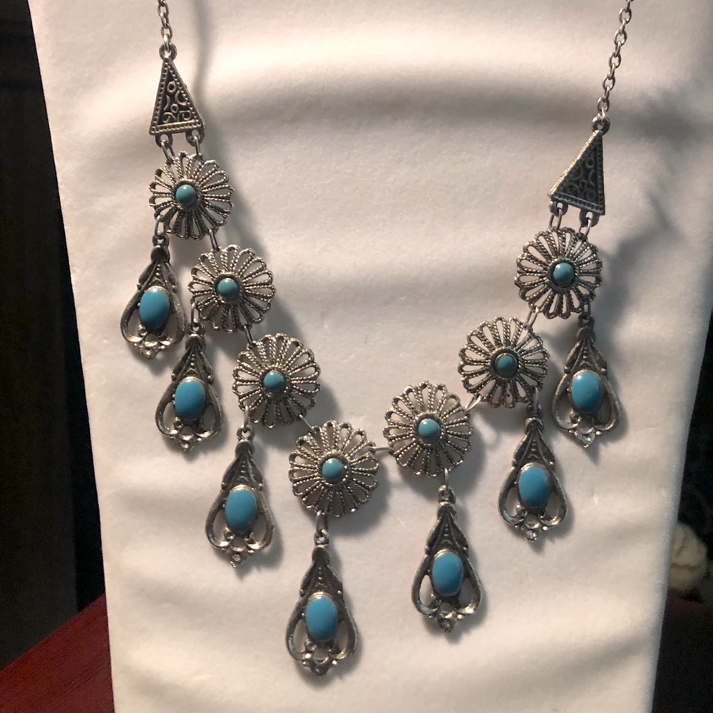 Faux Turquoise Silver Filigree Dangle Necklace